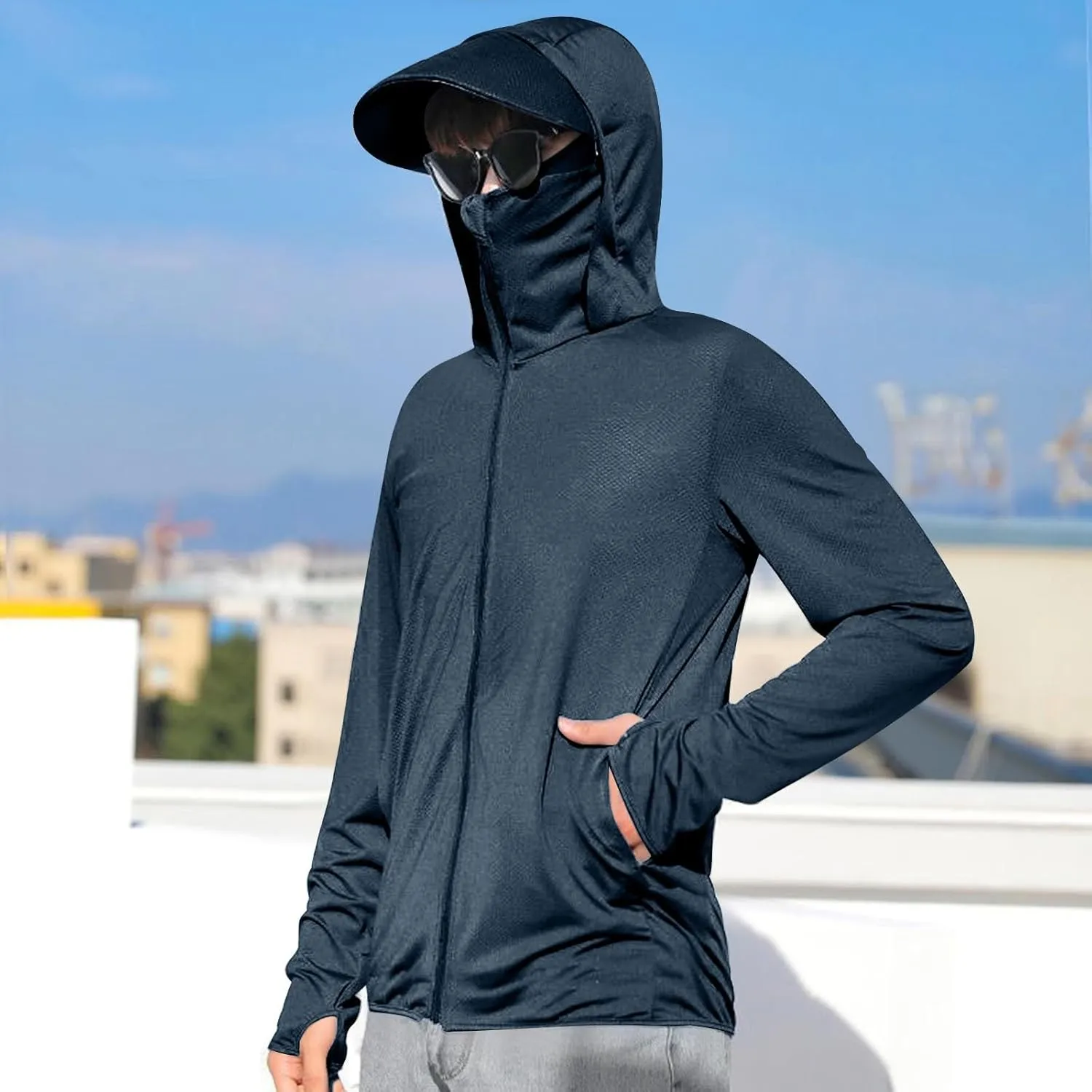 Men's UPF 50  Lightweight Jacket Full Zip Sun Protection Hoodie Long Sleeve Hiking Fishing Sun Shirts with Pockets