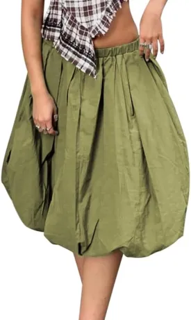 NUFIWI Women Low Waist A Line Ruffle Bubble Long Skirts Solid Pleated Maxi Skirts Casual Summer Balloon Puffy Midi Skirts
