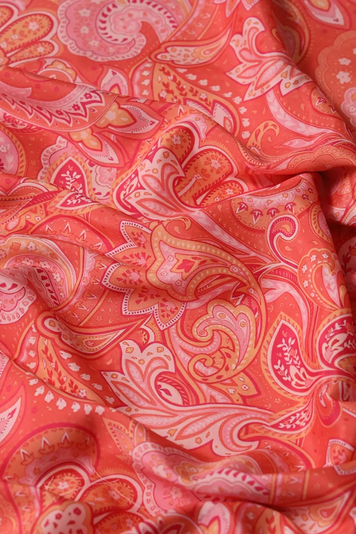 Orange Traditional Pattern Digital Print On French Crepe Fabric