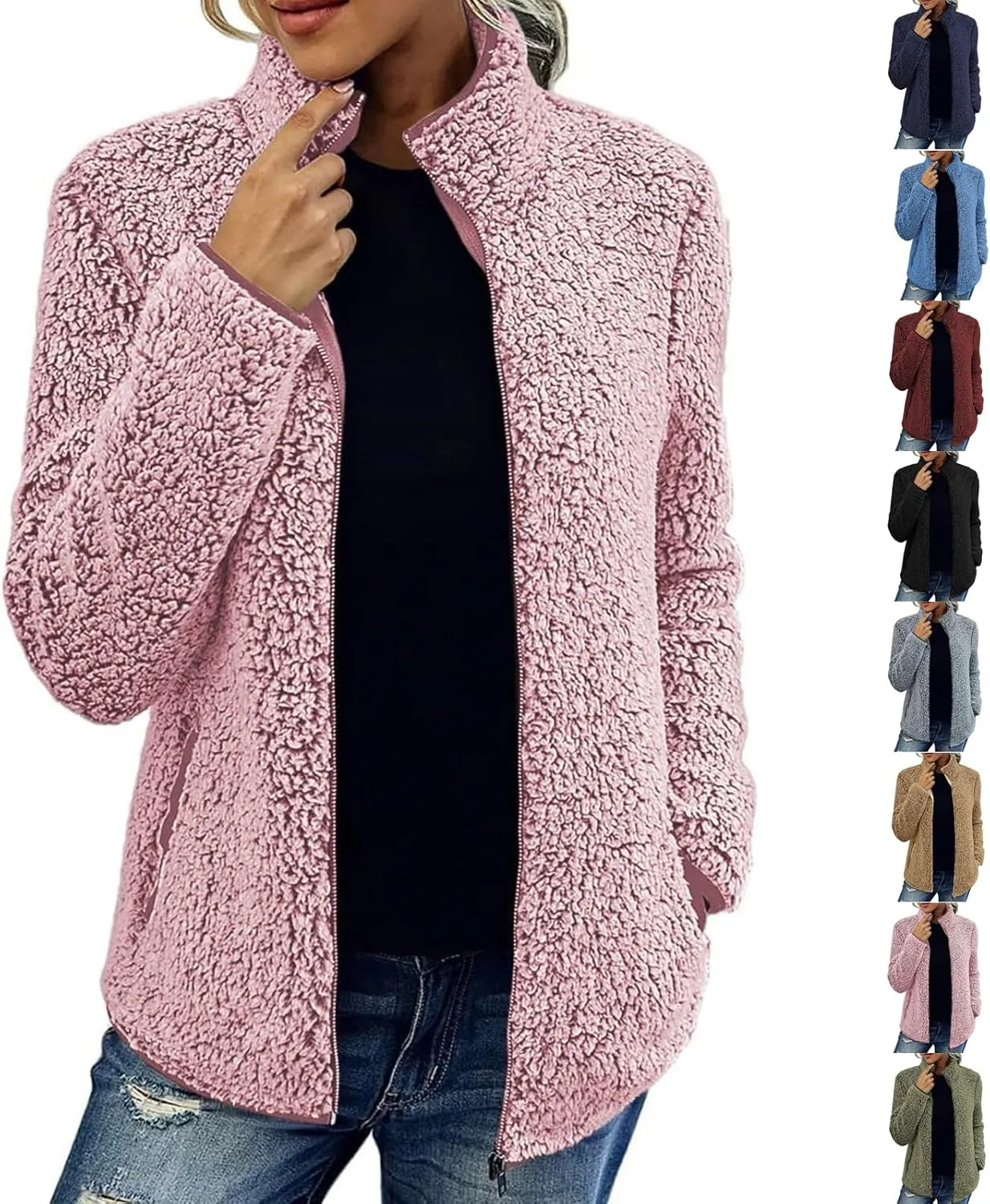 Sherpa Lined Jacket Women Long Sleeve Oversized Faux Fur Coats Casual Lapel Collar Winter Teddy Coats with Pockets