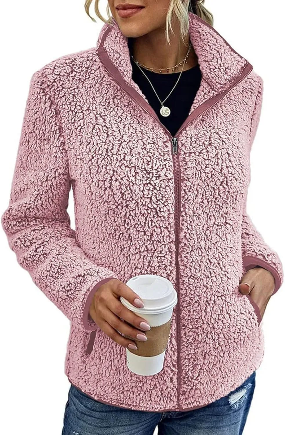 Sherpa Lined Jacket Women Long Sleeve Oversized Faux Fur Coats Casual Lapel Collar Winter Teddy Coats with Pockets