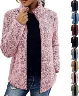 Sherpa Lined Jacket Women Long Sleeve Oversized Faux Fur Coats Casual Lapel Collar Winter Teddy Coats with Pockets