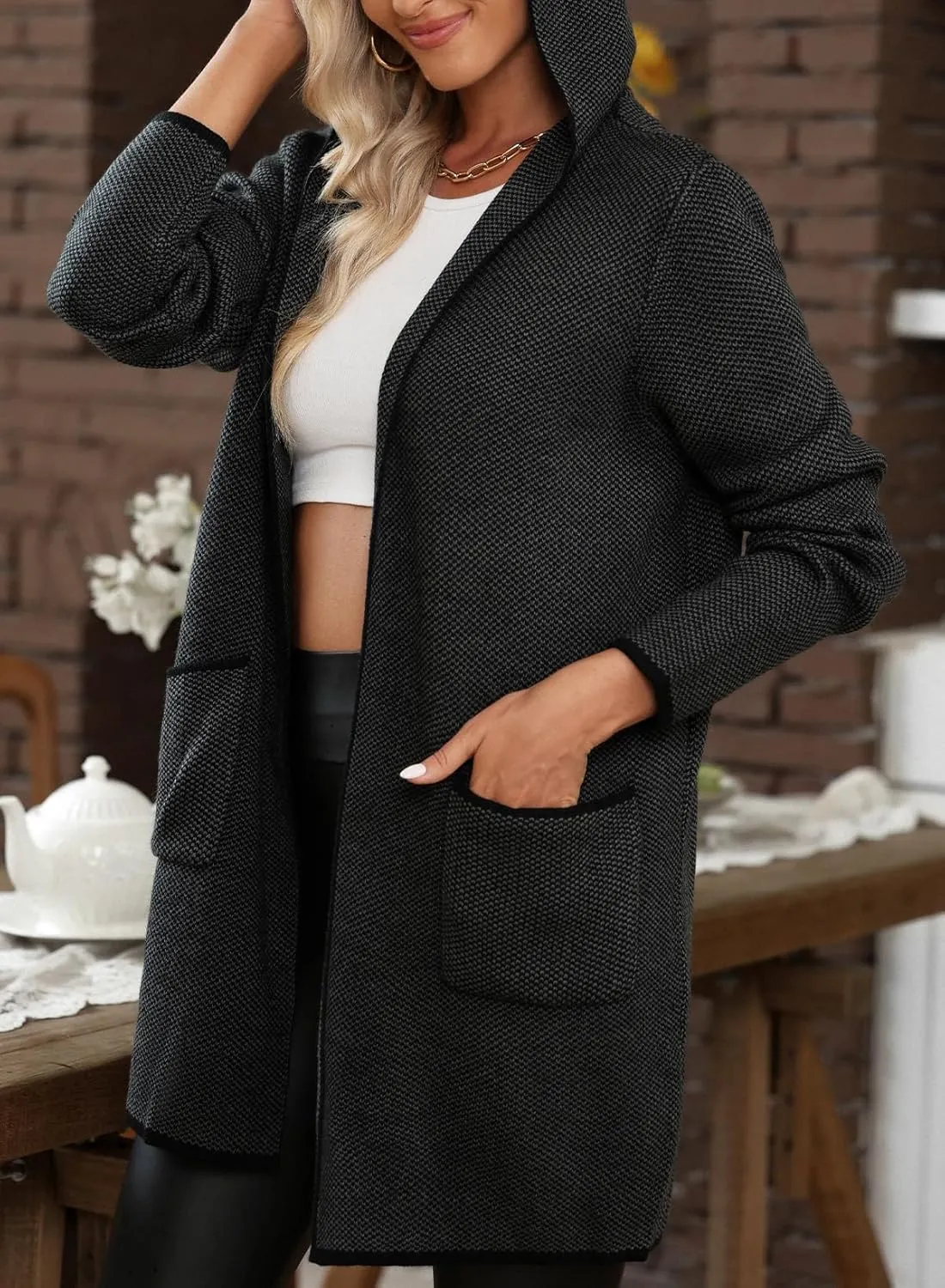 Sidefeel Women's 2024 Fall Long Sleeve Open Front Contrast Cardigan Sweaters Oversized Chunky Knit Hooded Sweaters Coat