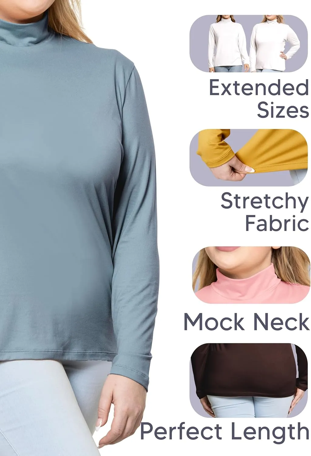 STRETCH IS COMFORT Women's and Plus Oh So Soft Long Sleeve Mock Turtleneck Top Regular and Relaxed Fit Everyday Wear XS-5XL