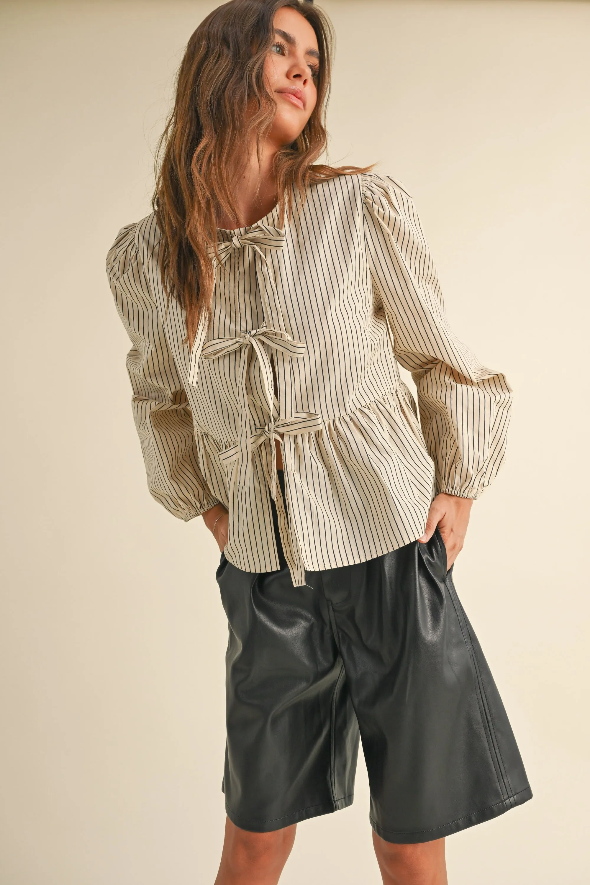 STRIPED WOVEN TIE BLOUSE