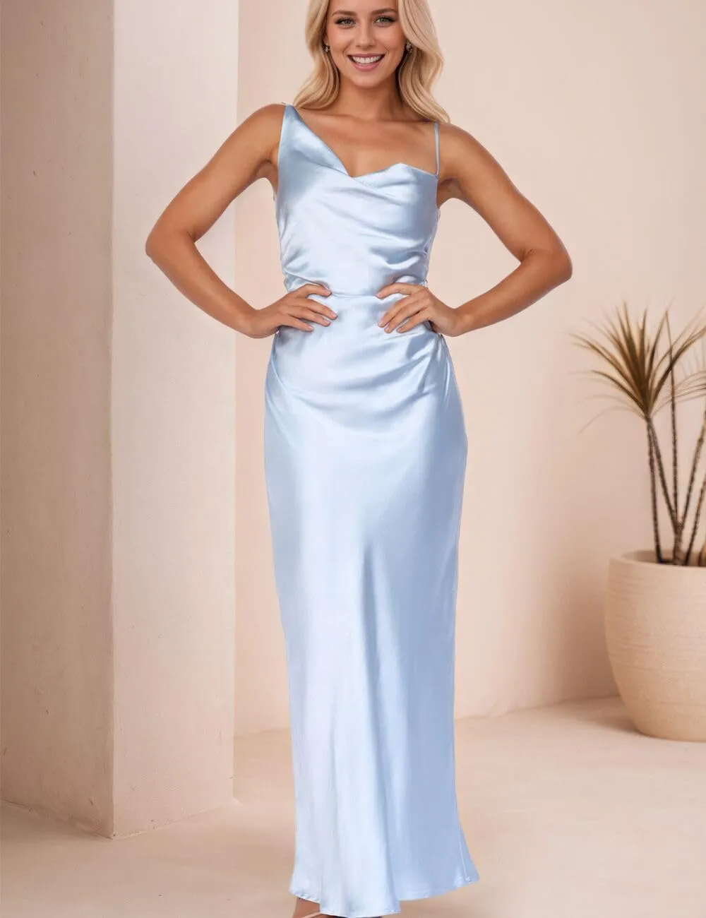 Summer Satin Maxi Dresses for Women 2025 Cowl Neck Ruched Silk Formal Wedding Guest Bridesmaid Slip Dress with Slit