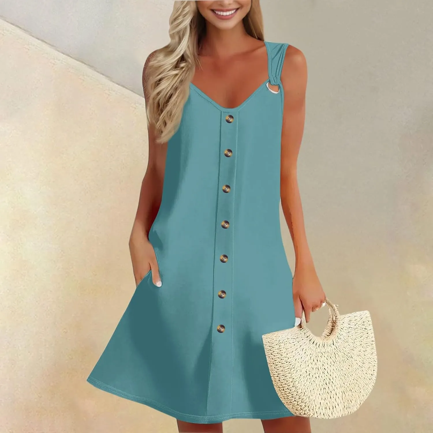 Sun Dresses for Women 2025 Summer Solid/Floral Button Down Sleeveless Midi Dress Loose Vacation Beach Swimsuit Coverups