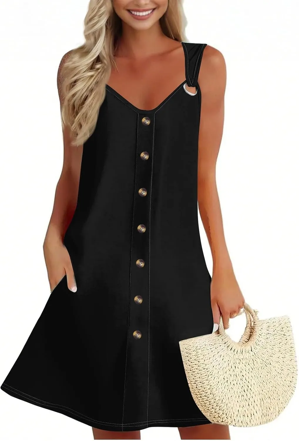 Sun Dresses for Women 2025 Summer Solid/Floral Button Down Sleeveless Midi Dress Loose Vacation Beach Swimsuit Coverups