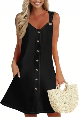 Sun Dresses for Women 2025 Summer Solid/Floral Button Down Sleeveless Midi Dress Loose Vacation Beach Swimsuit Coverups