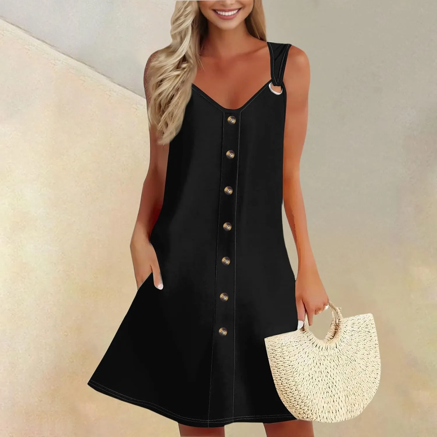 Sun Dresses for Women 2025 Summer Solid/Floral Button Down Sleeveless Midi Dress Loose Vacation Beach Swimsuit Coverups