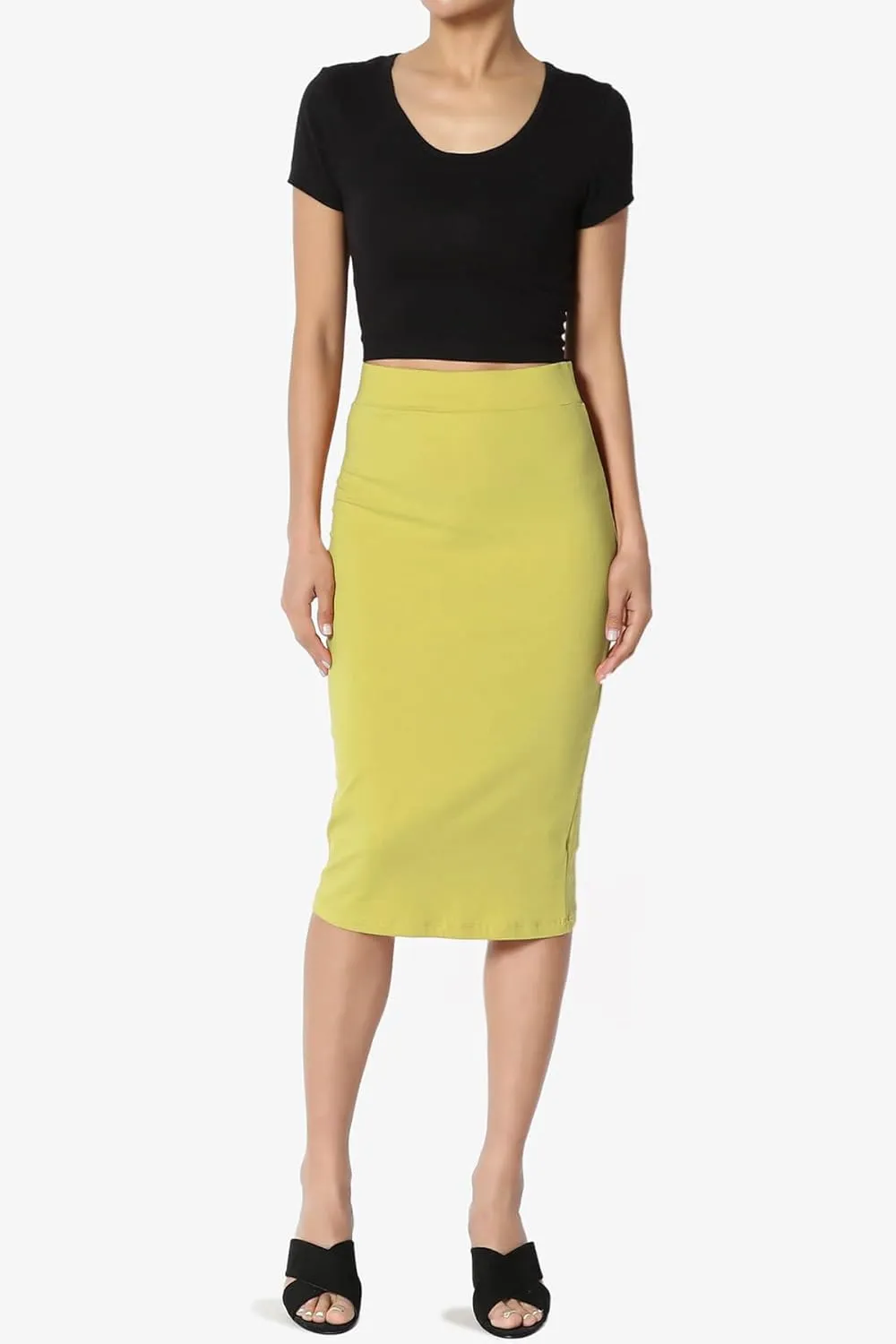 TheMogan Women's Basic Comfort Stretch Cotton Elastic High Waist Knee Midi Pencil Skirt