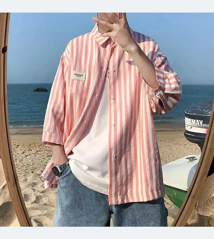 WIAOFELLAS -  Summe Men Stripe Shirts Women Half Sleeve Oversized Blouses Casual Loose Shirts for Students Korean Fashion Clothing
