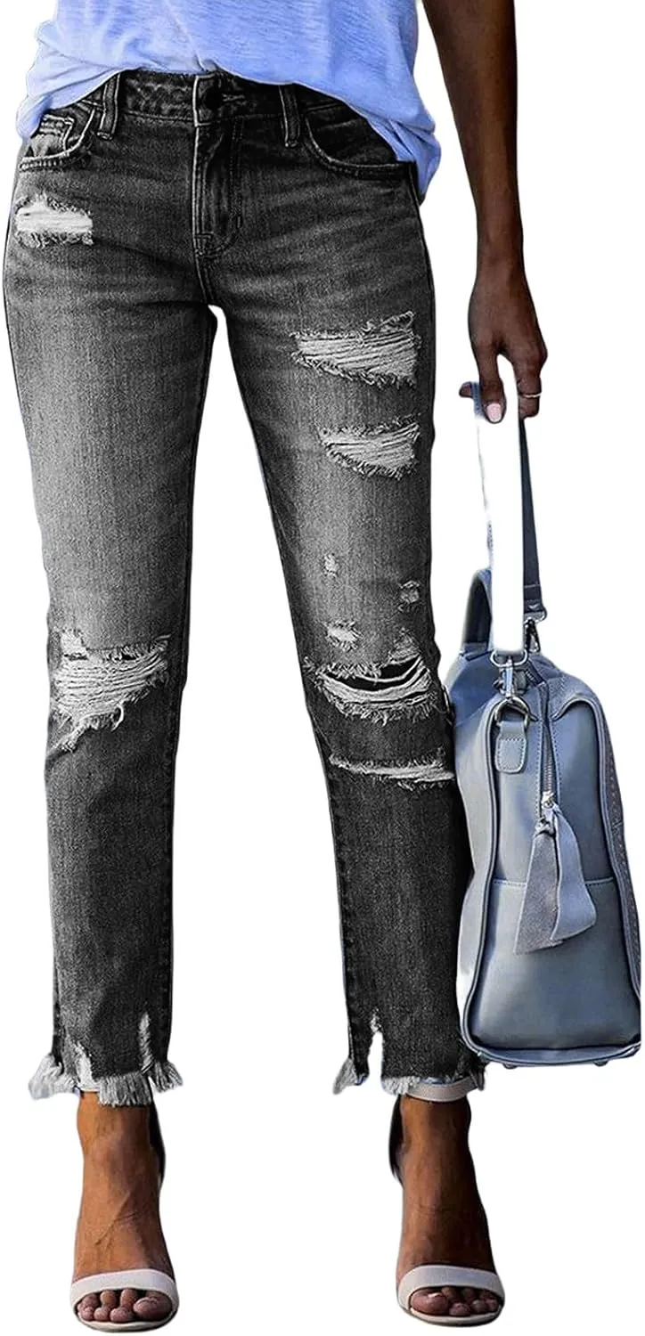 Women Capri Jeans Mid Waisted Ripped Boyfriend Jeans Straight Leg Cropped Jean Raw Hem Distressed Denim Pants