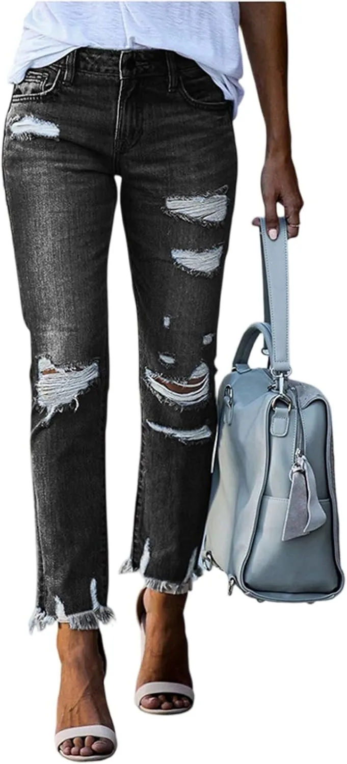 Women Capri Jeans Mid Waisted Ripped Boyfriend Jeans Straight Leg Cropped Jean Raw Hem Distressed Denim Pants