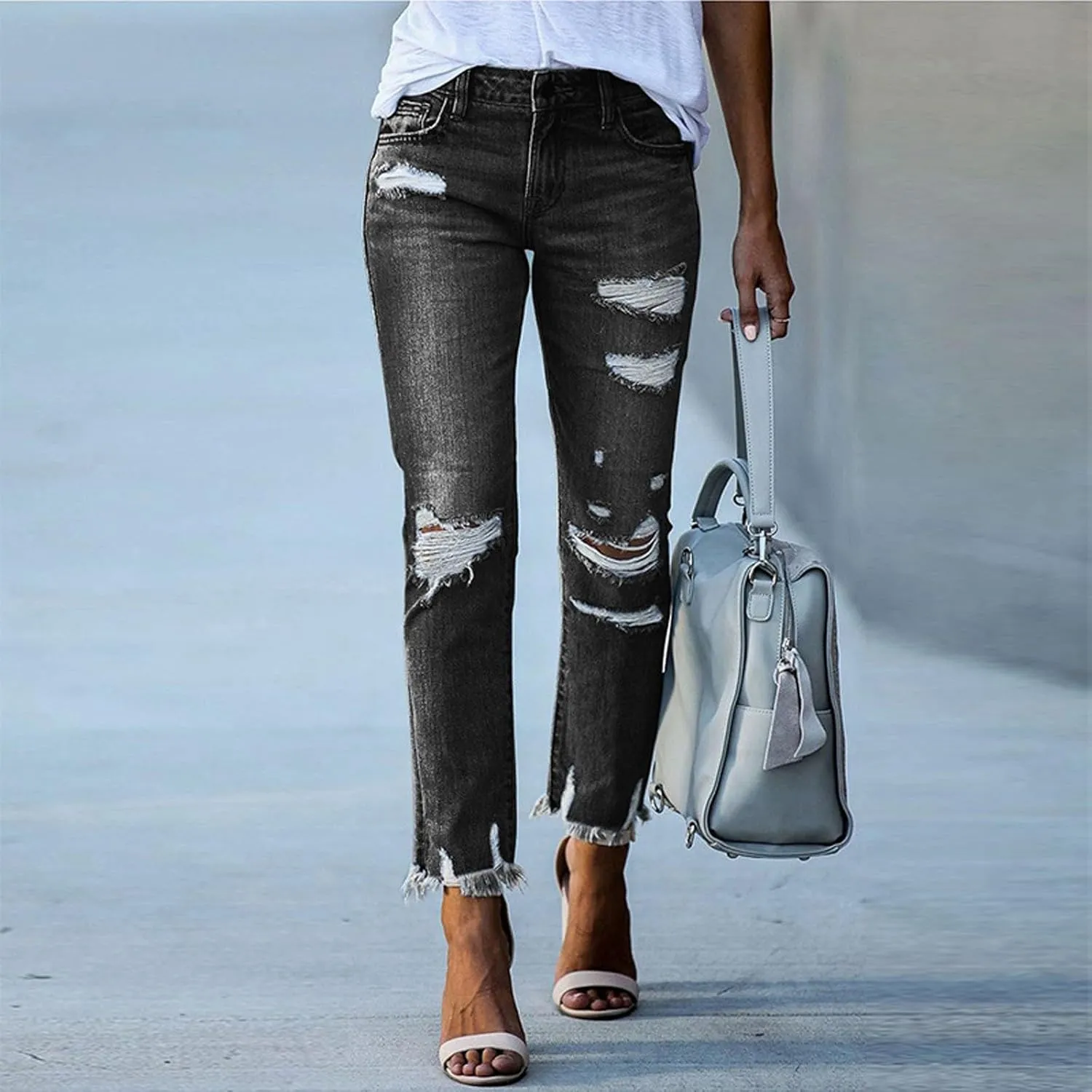 Women Capri Jeans Mid Waisted Ripped Boyfriend Jeans Straight Leg Cropped Jean Raw Hem Distressed Denim Pants