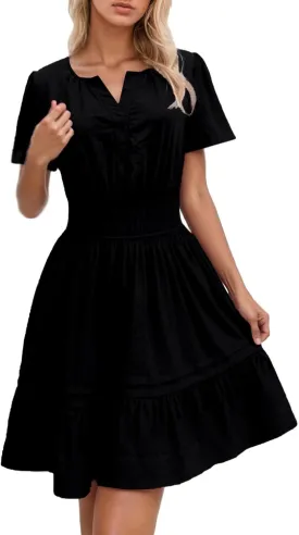 Women Summer Mini Short Dress Wrap V Neck Short Flared Sleeve Wedding Guest Dress Beach Vacation Tropical Sundress
