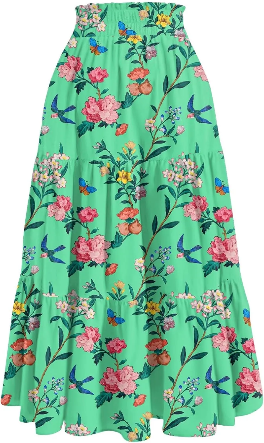 Women's 2025 Bohemian Long Skirts Flowy High Waist A Line Elegant Maxi Skirts for Women Summer Pleated Midi Skirts
