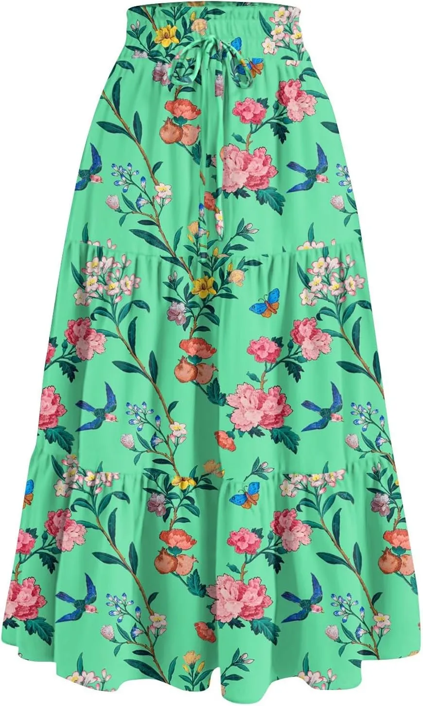 Women's 2025 Bohemian Long Skirts Flowy High Waist A Line Elegant Maxi Skirts for Women Summer Pleated Midi Skirts