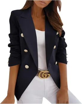 Womens Blazer Lapel Collar Open Front Suit Top Fashion Double Breasted Solid Pea Coat Business Work Office Jackets