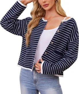 Women's Cardigan Sweaters Striped Sweater Jacket with Pockets Button Down 2024 Fall Knit Casual Coat Cropped Outwear
