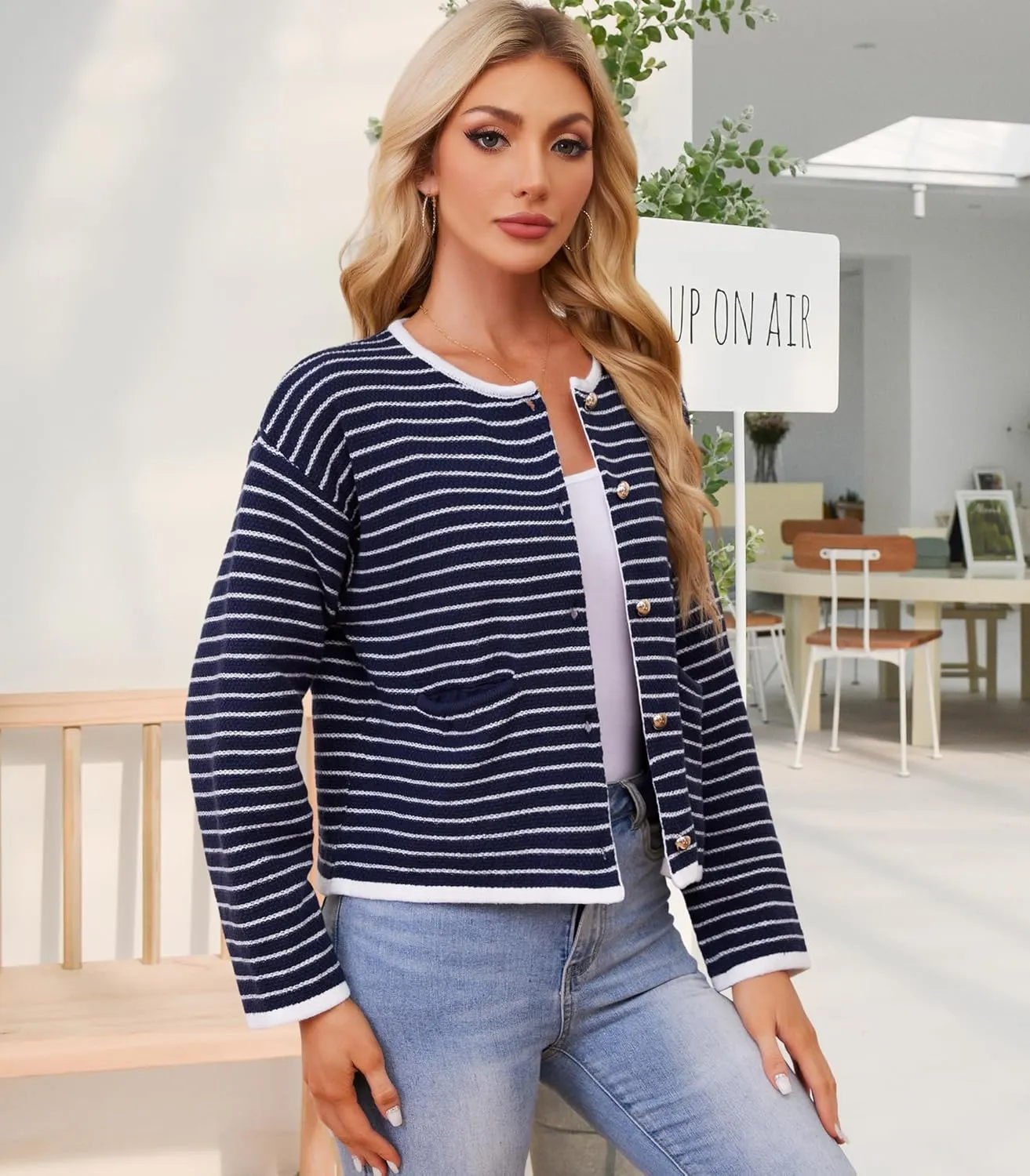 Women's Cardigan Sweaters Striped Sweater Jacket with Pockets Button Down 2024 Fall Knit Casual Coat Cropped Outwear