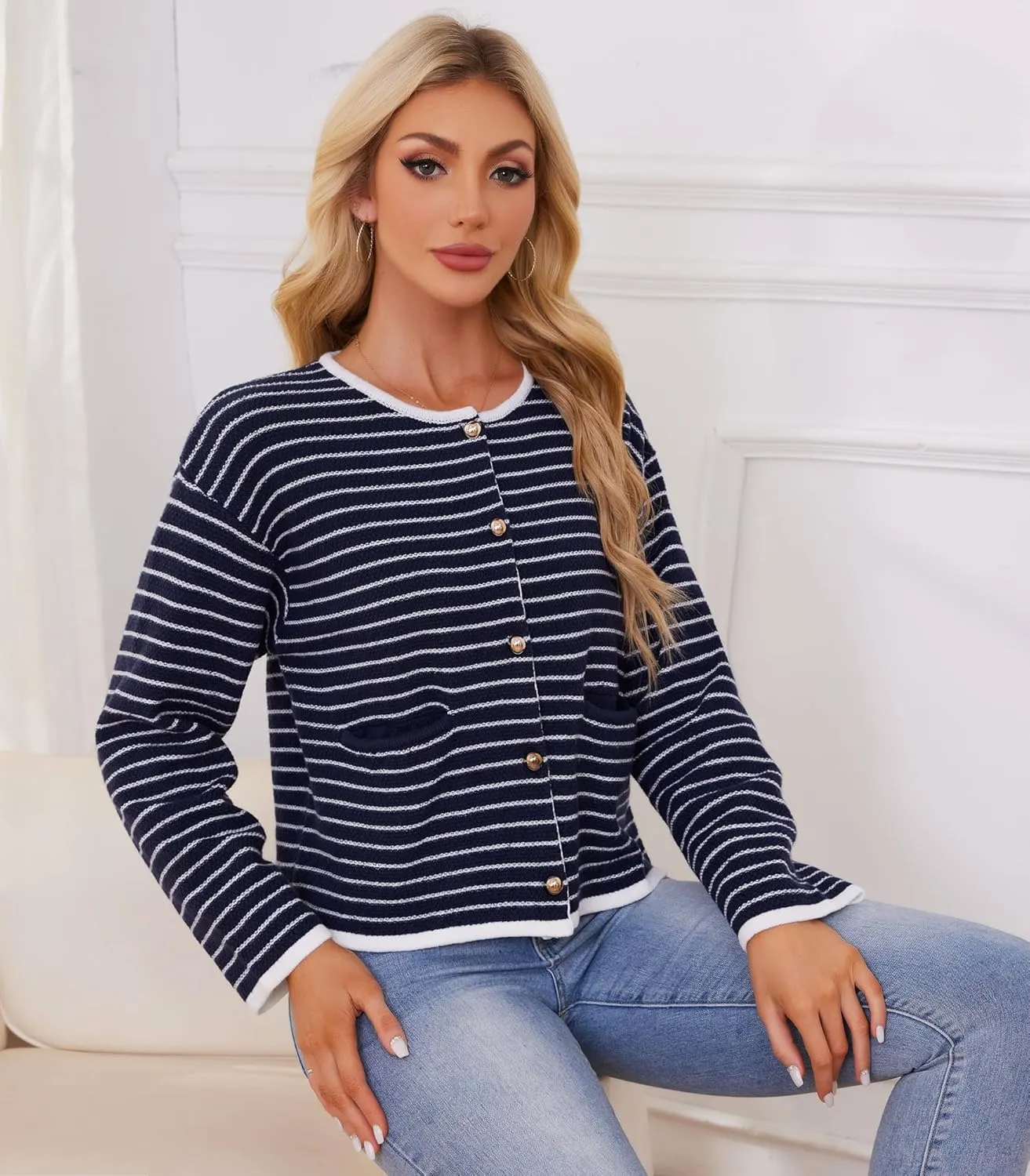 Women's Cardigan Sweaters Striped Sweater Jacket with Pockets Button Down 2024 Fall Knit Casual Coat Cropped Outwear