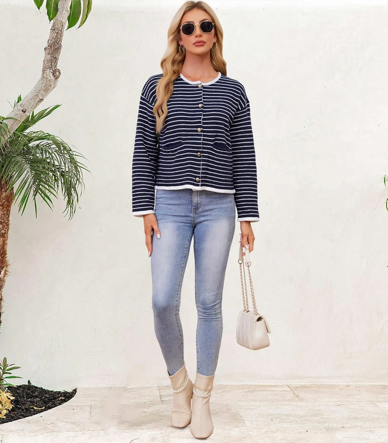 Women's Cardigan Sweaters Striped Sweater Jacket with Pockets Button Down 2024 Fall Knit Casual Coat Cropped Outwear