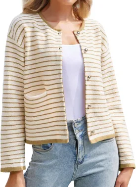 Women's Cardigan Sweaters Striped Sweater Jacket with Pockets Button Down 2024 Fall Knit Casual Coat Cropped Outwear