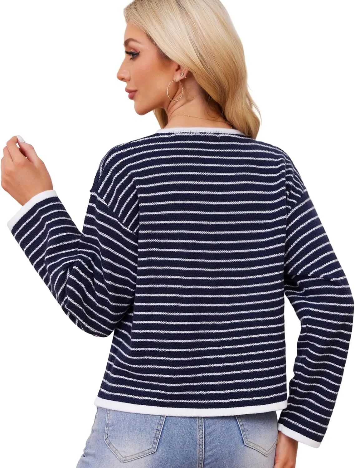 Women's Cardigan Sweaters Striped Sweater Jacket with Pockets Button Down 2024 Fall Knit Casual Coat Cropped Outwear