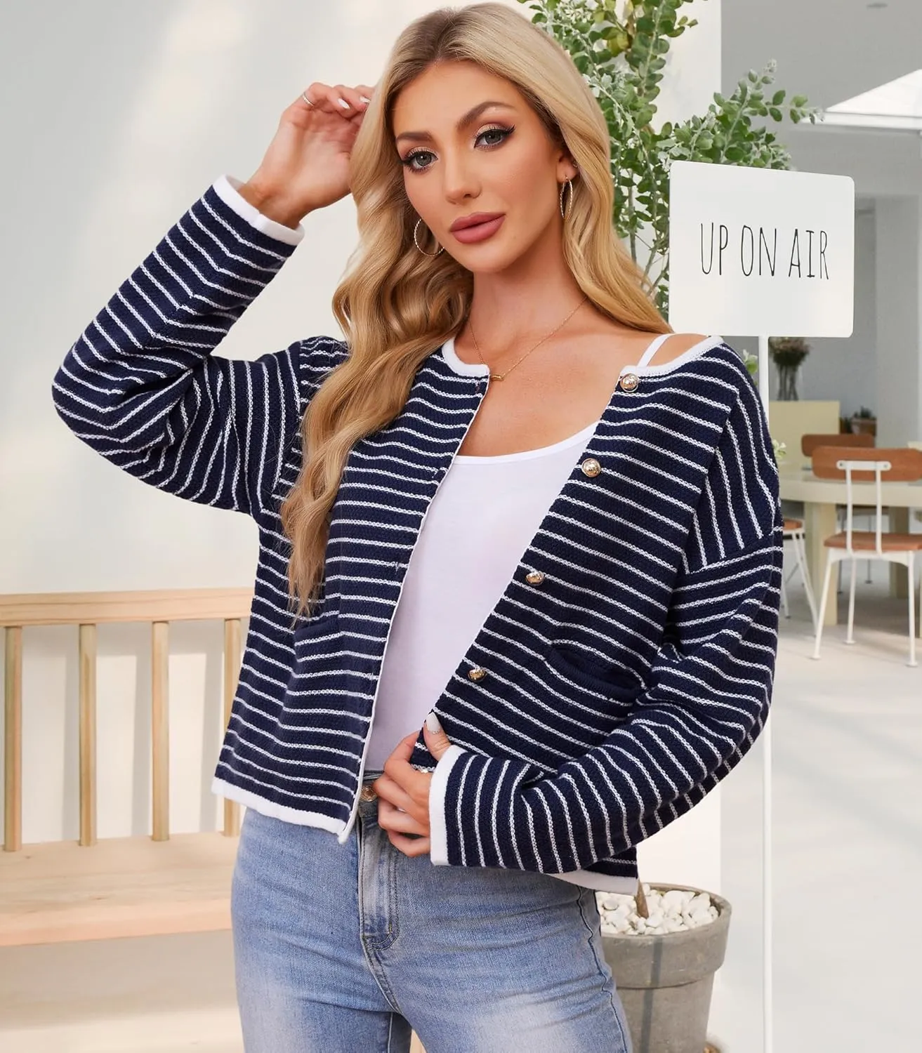 Women's Cardigan Sweaters Striped Sweater Jacket with Pockets Button Down 2024 Fall Knit Casual Coat Cropped Outwear