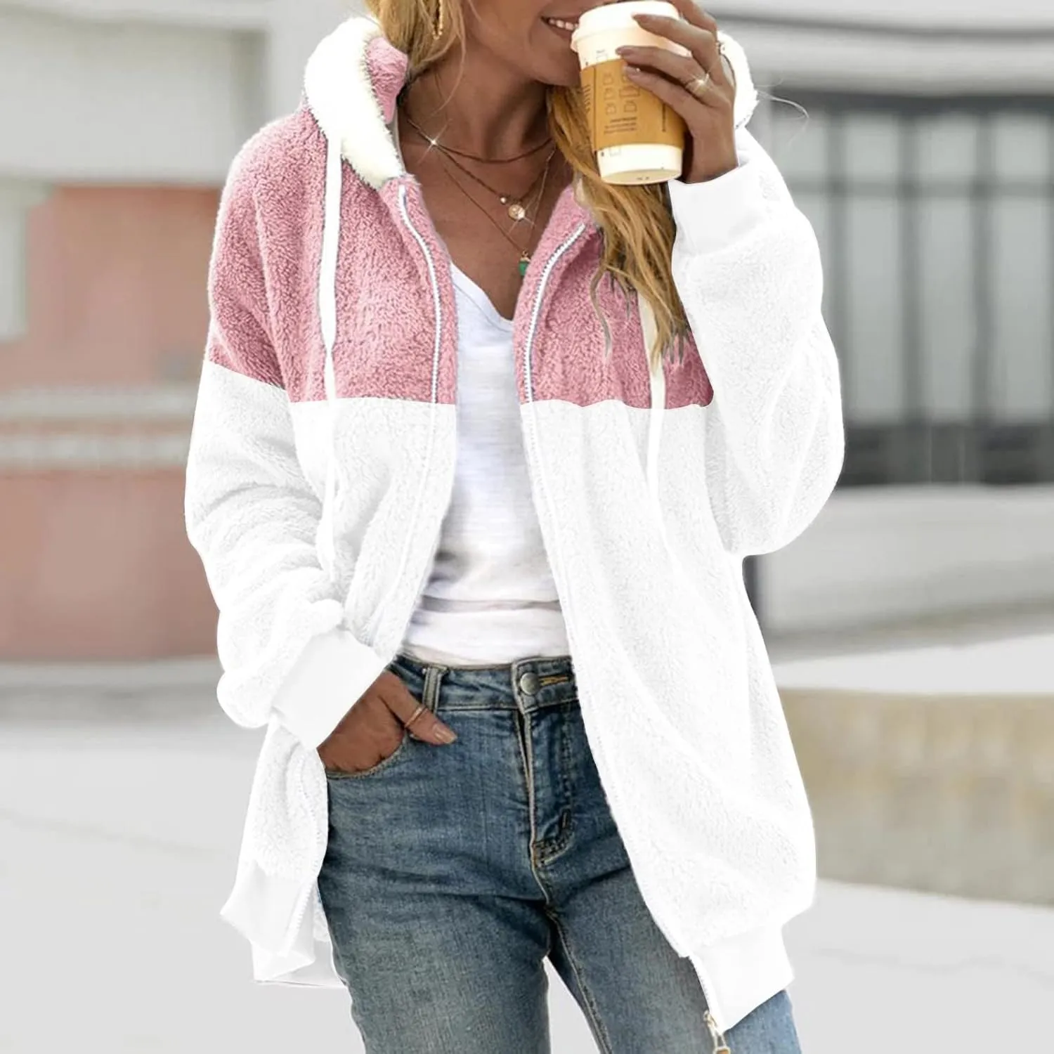 Women's Casual Fashion Loose Solid Color Hat Plus Fleece Collar Pocket Jacket