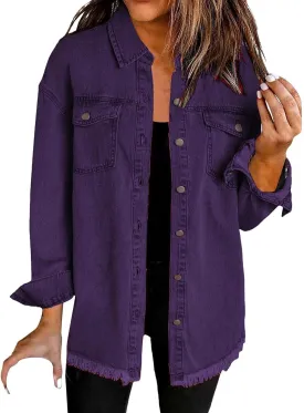 Womens Oversized Button Up Frayed Hem Shacket Long Sleeve Denim Shirts Pockets Denim Jean Jacket 2025 Summer Outfits