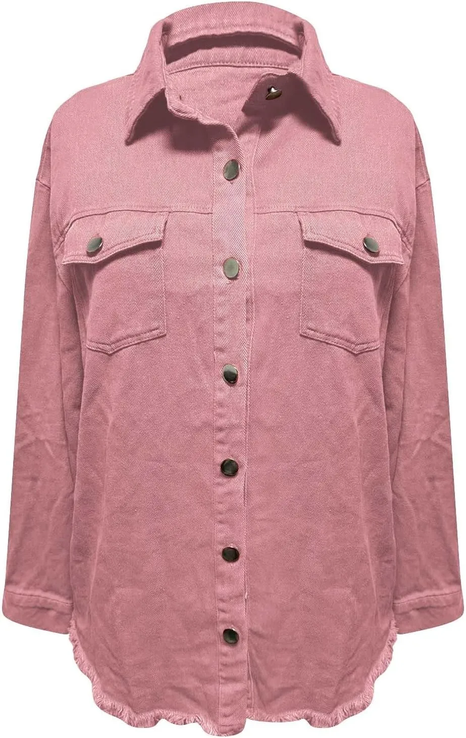 Womens Oversized Button Up Frayed Hem Shacket Long Sleeve Denim Shirts Pockets Denim Jean Jacket 2025 Summer Outfits