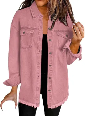 Womens Oversized Button Up Frayed Hem Shacket Long Sleeve Denim Shirts Pockets Denim Jean Jacket 2025 Summer Outfits
