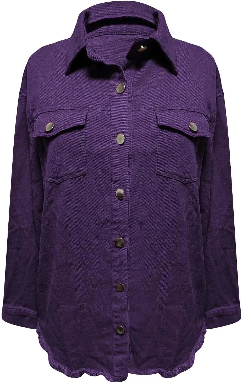 Womens Oversized Button Up Frayed Hem Shacket Long Sleeve Denim Shirts Pockets Denim Jean Jacket 2025 Summer Outfits