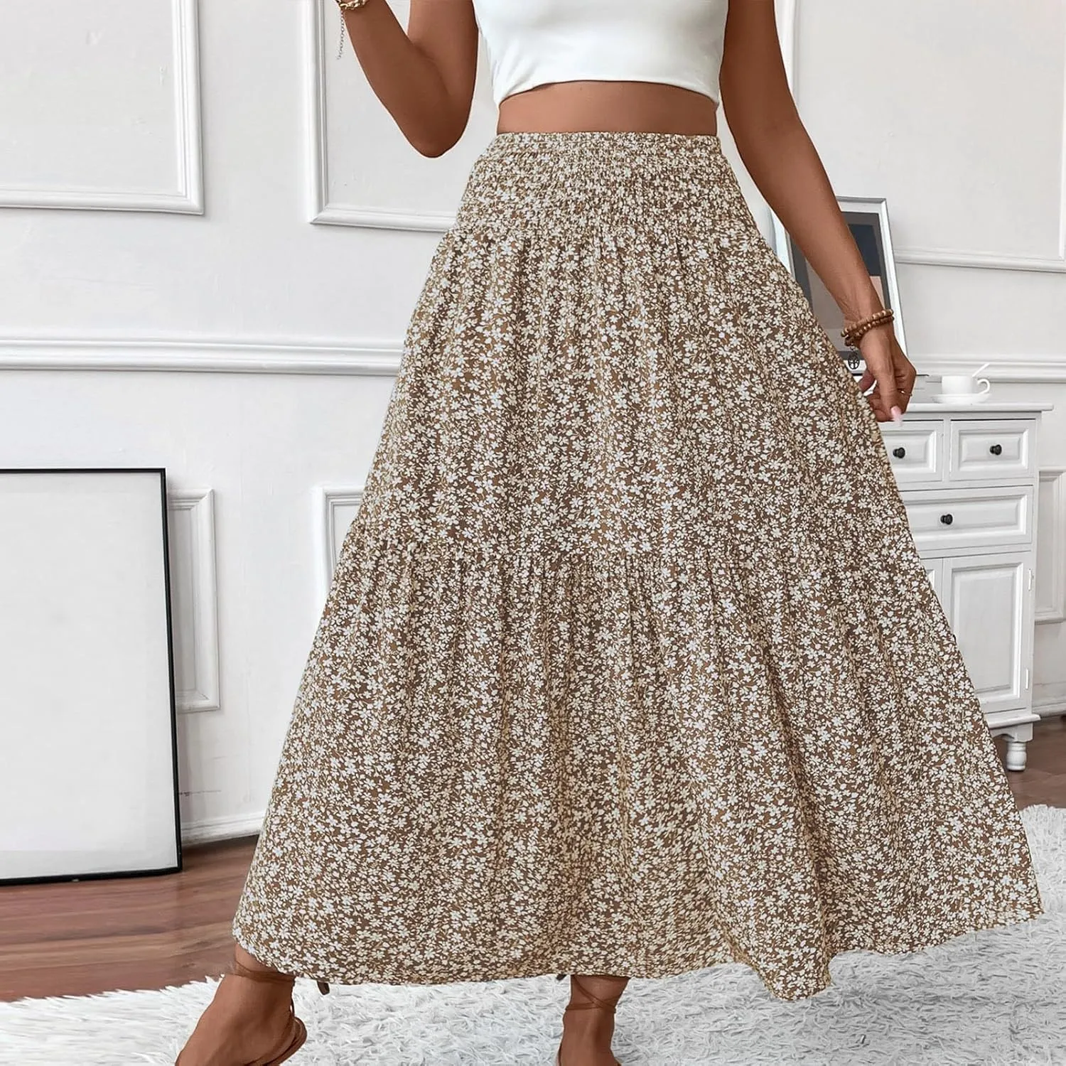 Women's Skirts Bohemian Long Skirts Flowy High Waist A Line Maxi Skirts Summer Pleated, S-XL