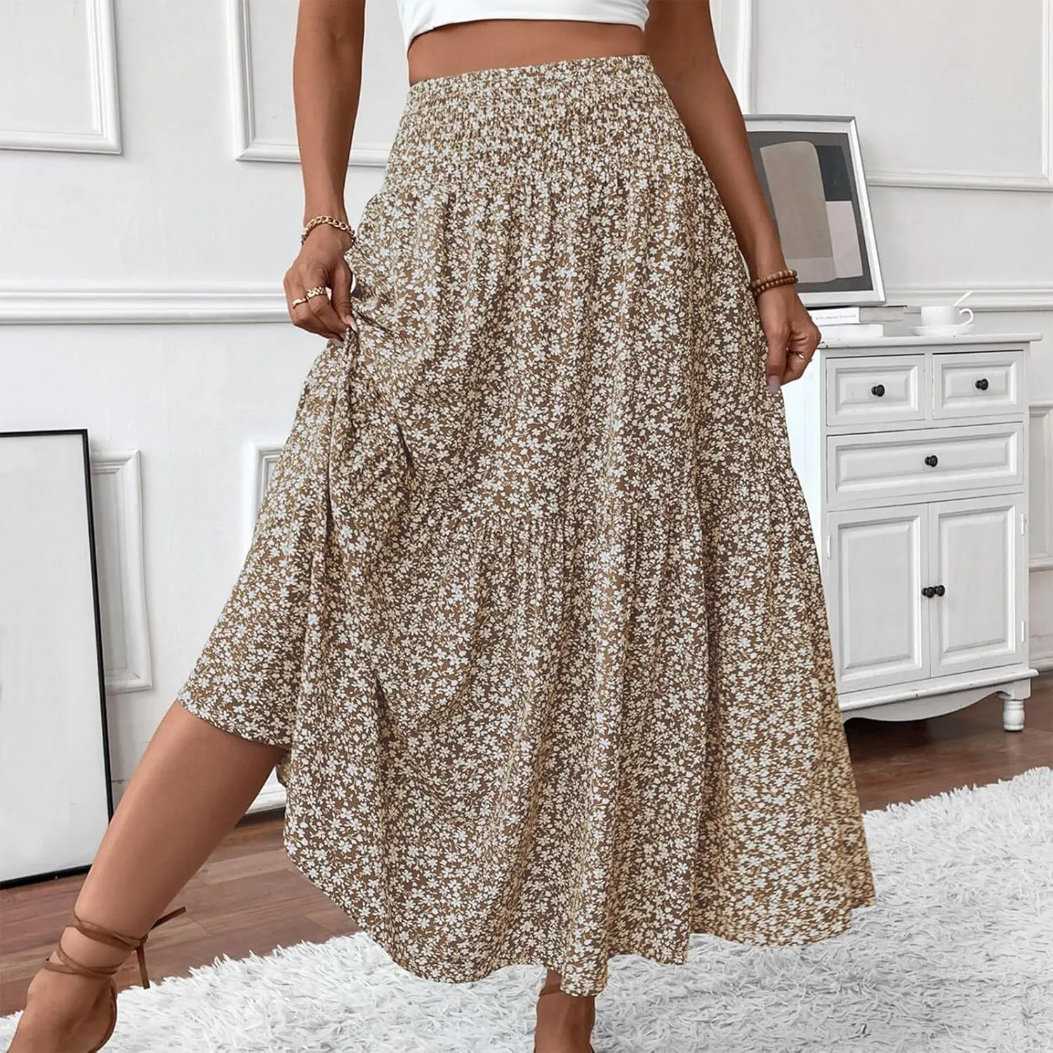 Women's Skirts Bohemian Long Skirts Flowy High Waist A Line Maxi Skirts Summer Pleated, S-XL