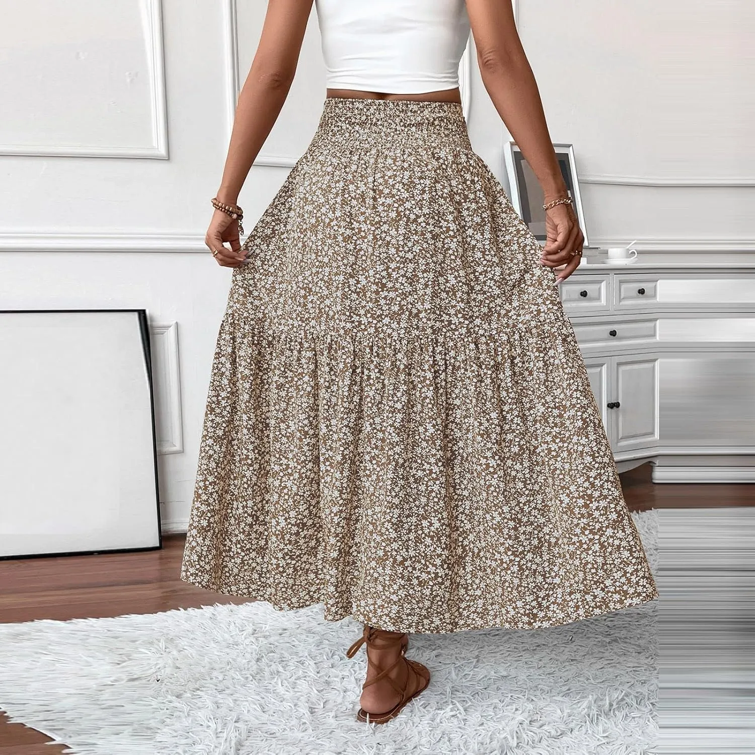 Women's Skirts Bohemian Long Skirts Flowy High Waist A Line Maxi Skirts Summer Pleated, S-XL