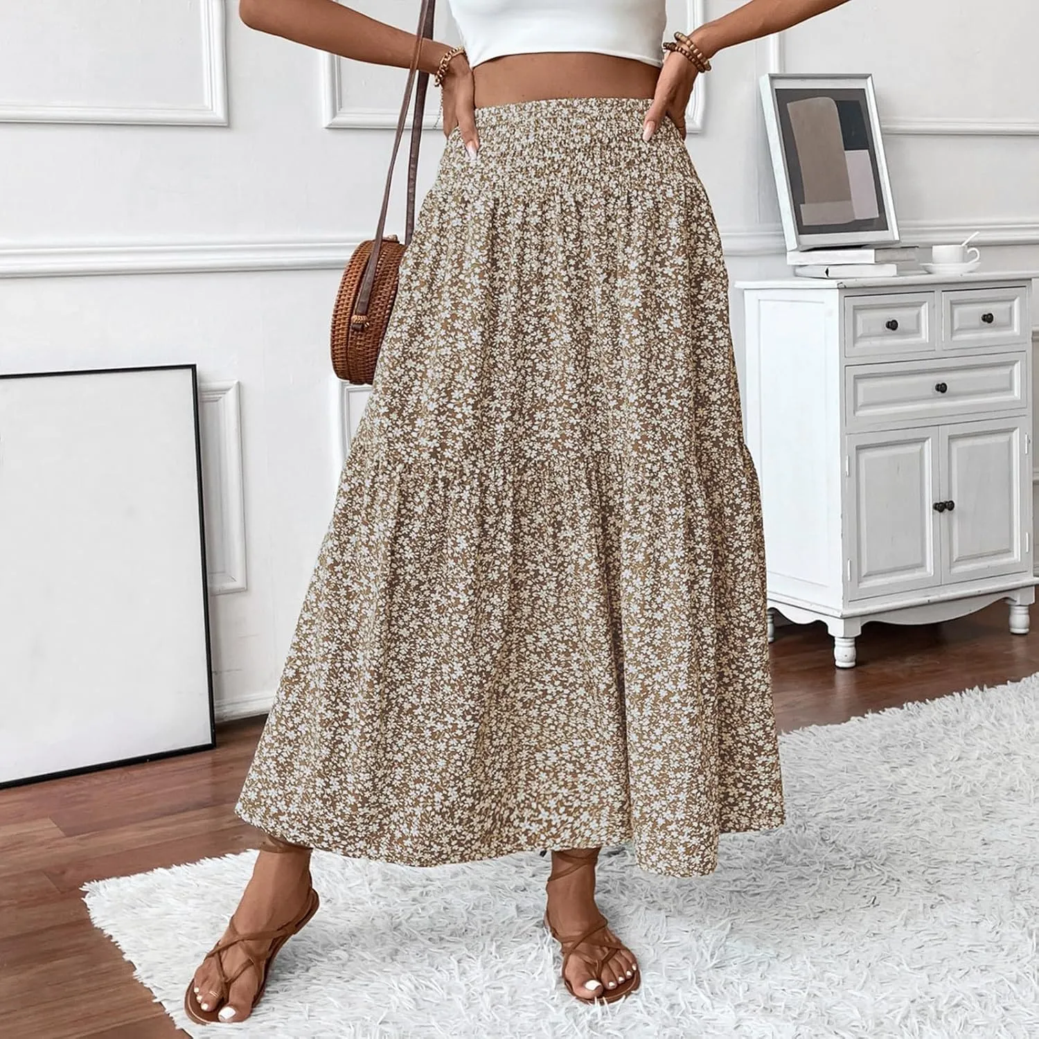 Women's Skirts Bohemian Long Skirts Flowy High Waist A Line Maxi Skirts Summer Pleated, S-XL