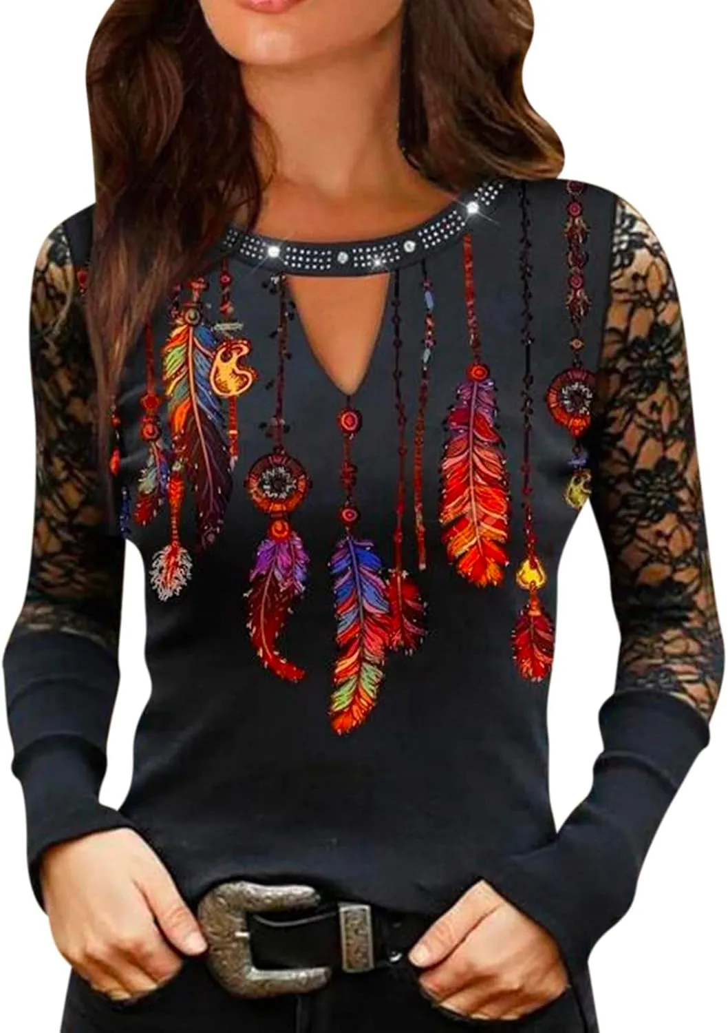 Womens Tunic Tops Sexy Criss-Cross Long Sleeve Blouse Lace Cut Out Cold Shoulder Tops Dressy Basic Shirts