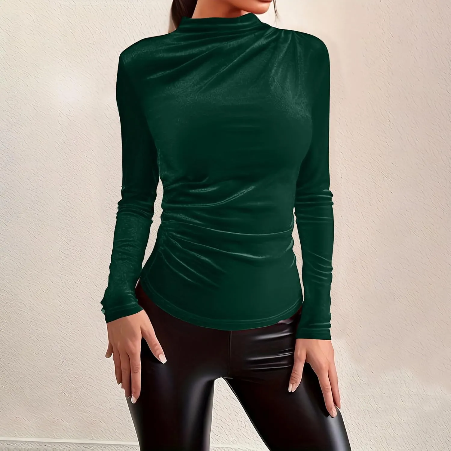 Women's Turtleneck Velvet Blouses Long Sleeve Ruched Slim Fit Shirts Velour Tops Solid Color Casual Pullover Tunics