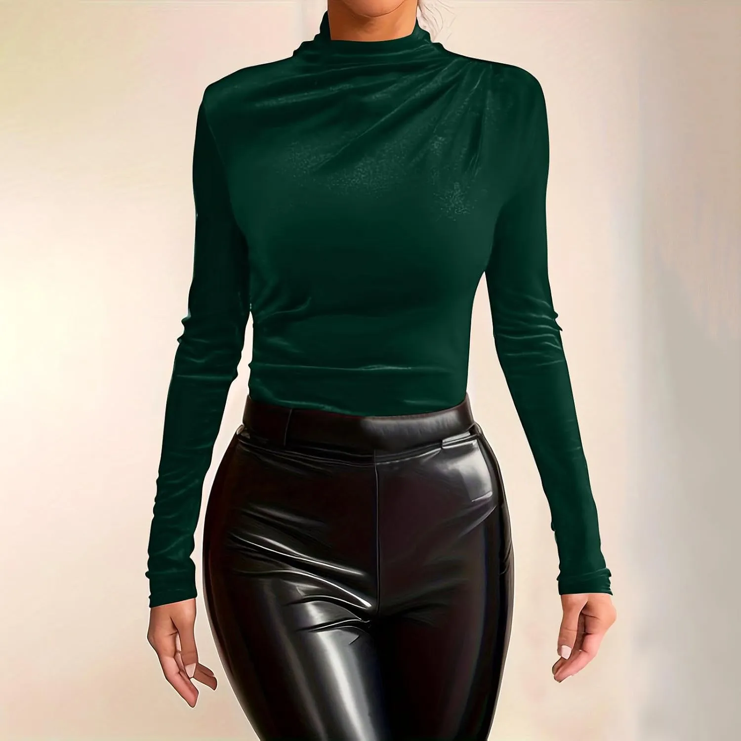 Women's Turtleneck Velvet Blouses Long Sleeve Ruched Slim Fit Shirts Velour Tops Solid Color Casual Pullover Tunics