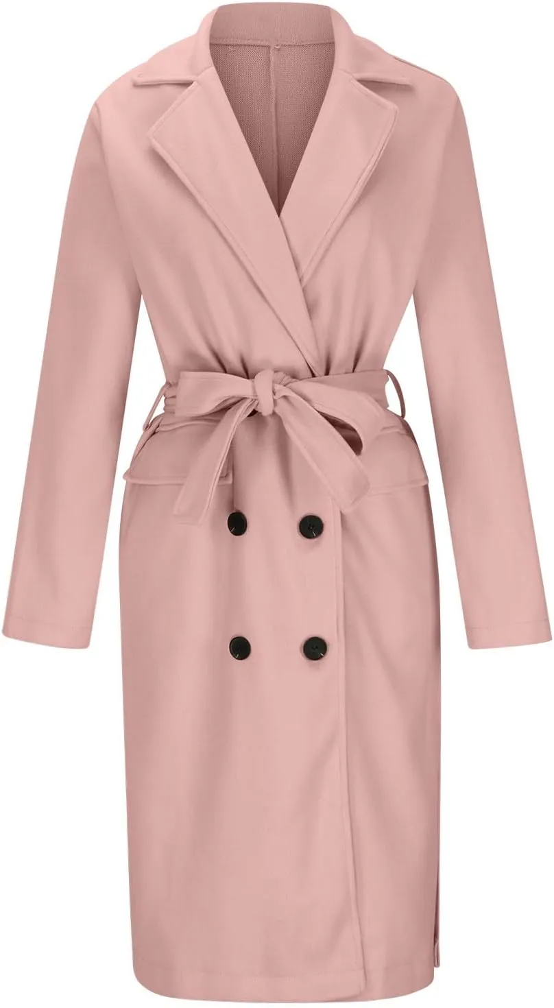 Women's Winter Double Breasted Wool Coat Long Sleeve Notch Lapel Overcoats Midi Long Winter Trench Coats Belt