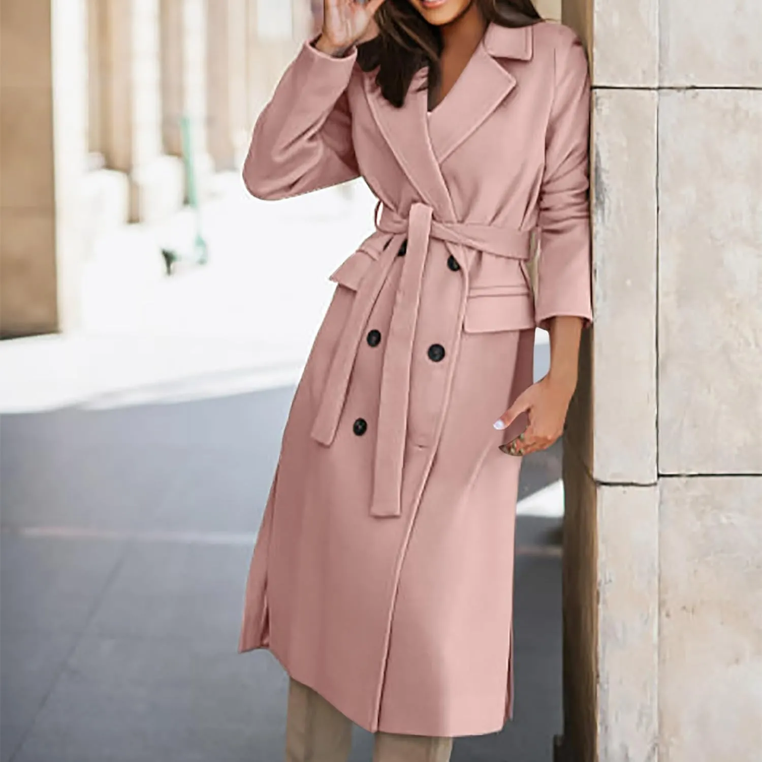 Women's Winter Double Breasted Wool Coat Long Sleeve Notch Lapel Overcoats Midi Long Winter Trench Coats Belt