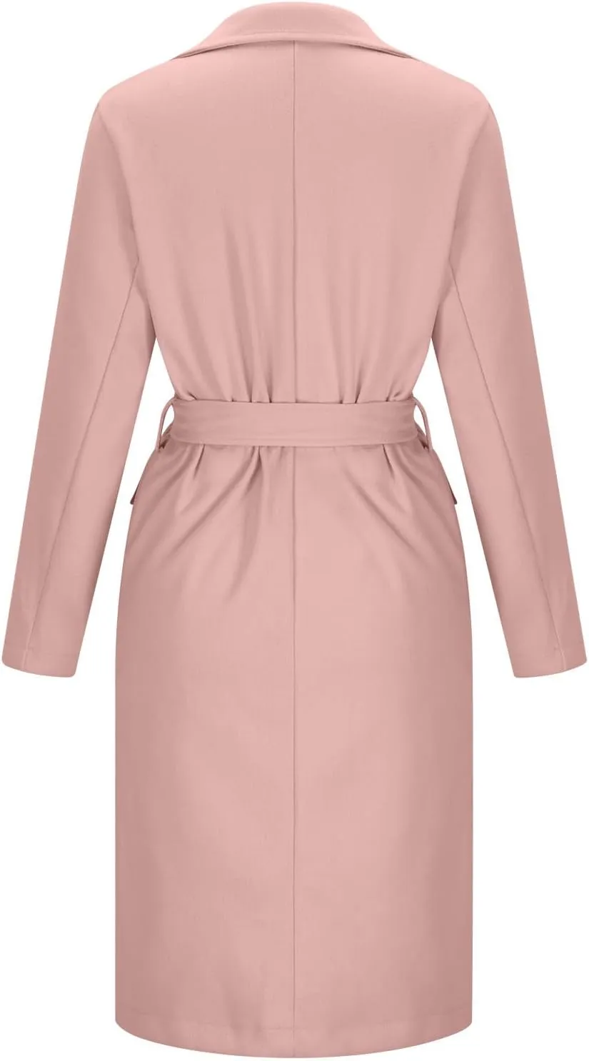 Women's Winter Double Breasted Wool Coat Long Sleeve Notch Lapel Overcoats Midi Long Winter Trench Coats Belt