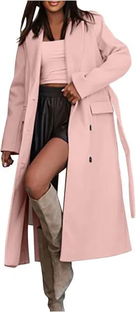 Women's Winter Double Breasted Wool Coat Long Sleeve Notch Lapel Overcoats Midi Long Winter Trench Coats Belt