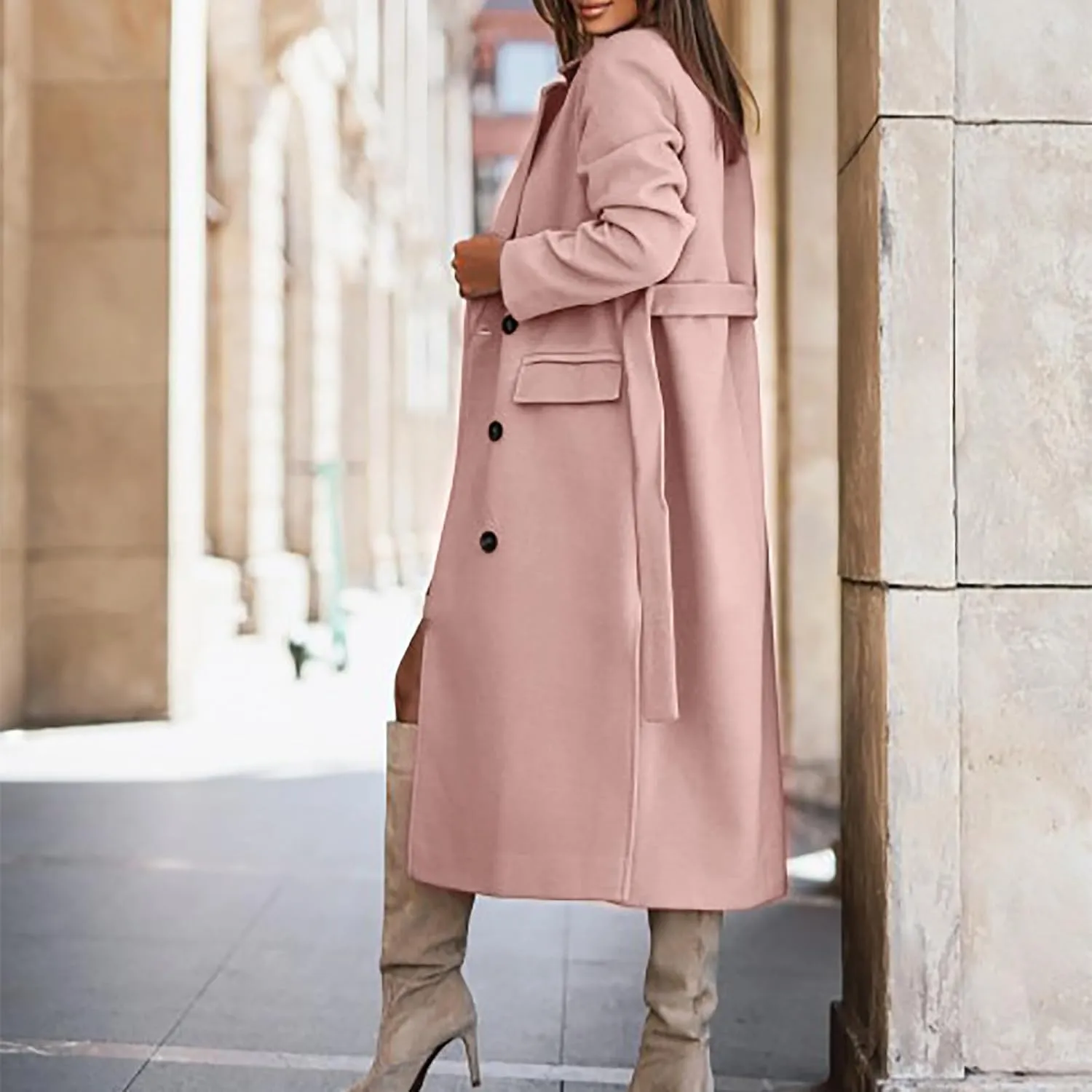 Women's Winter Double Breasted Wool Coat Long Sleeve Notch Lapel Overcoats Midi Long Winter Trench Coats Belt