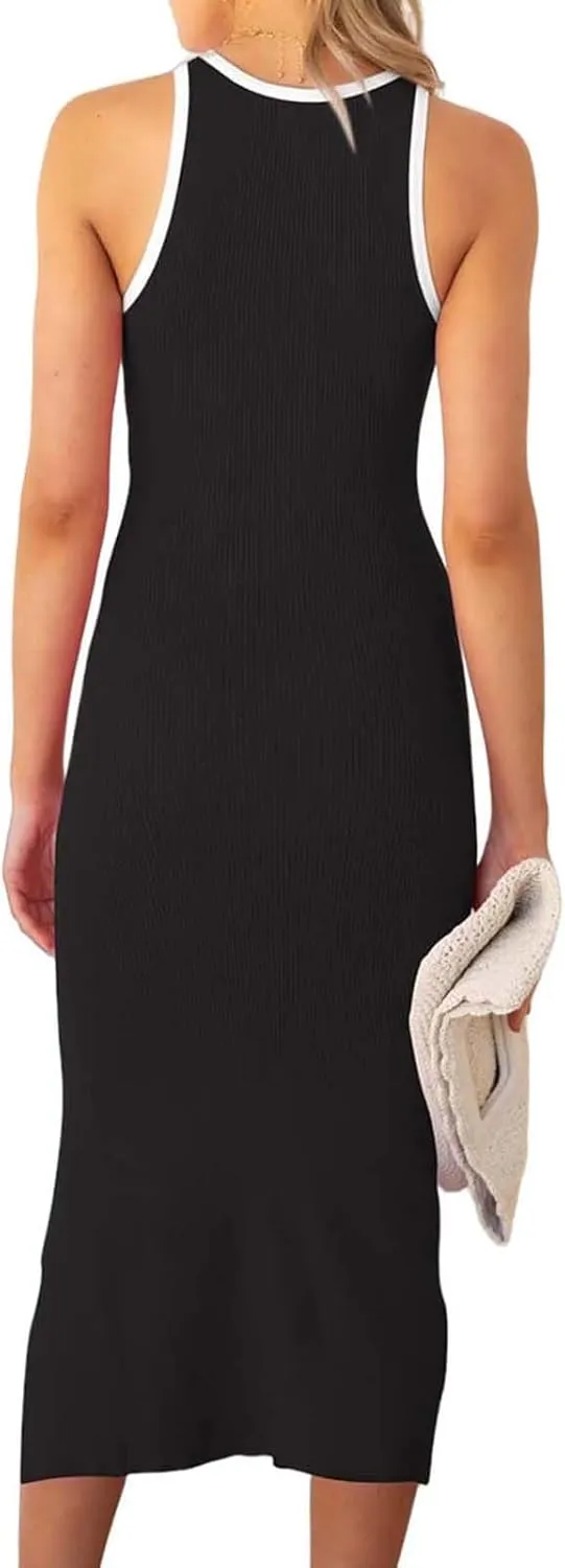 ZWRXW Womens Bodycon Dress Sleeveless Crewneck Cutout Bodycon Ribbed Knit Tank Top Slit Party Long Dresses Outfits