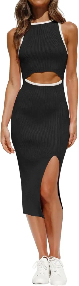 ZWRXW Womens Bodycon Dress Sleeveless Crewneck Cutout Bodycon Ribbed Knit Tank Top Slit Party Long Dresses Outfits